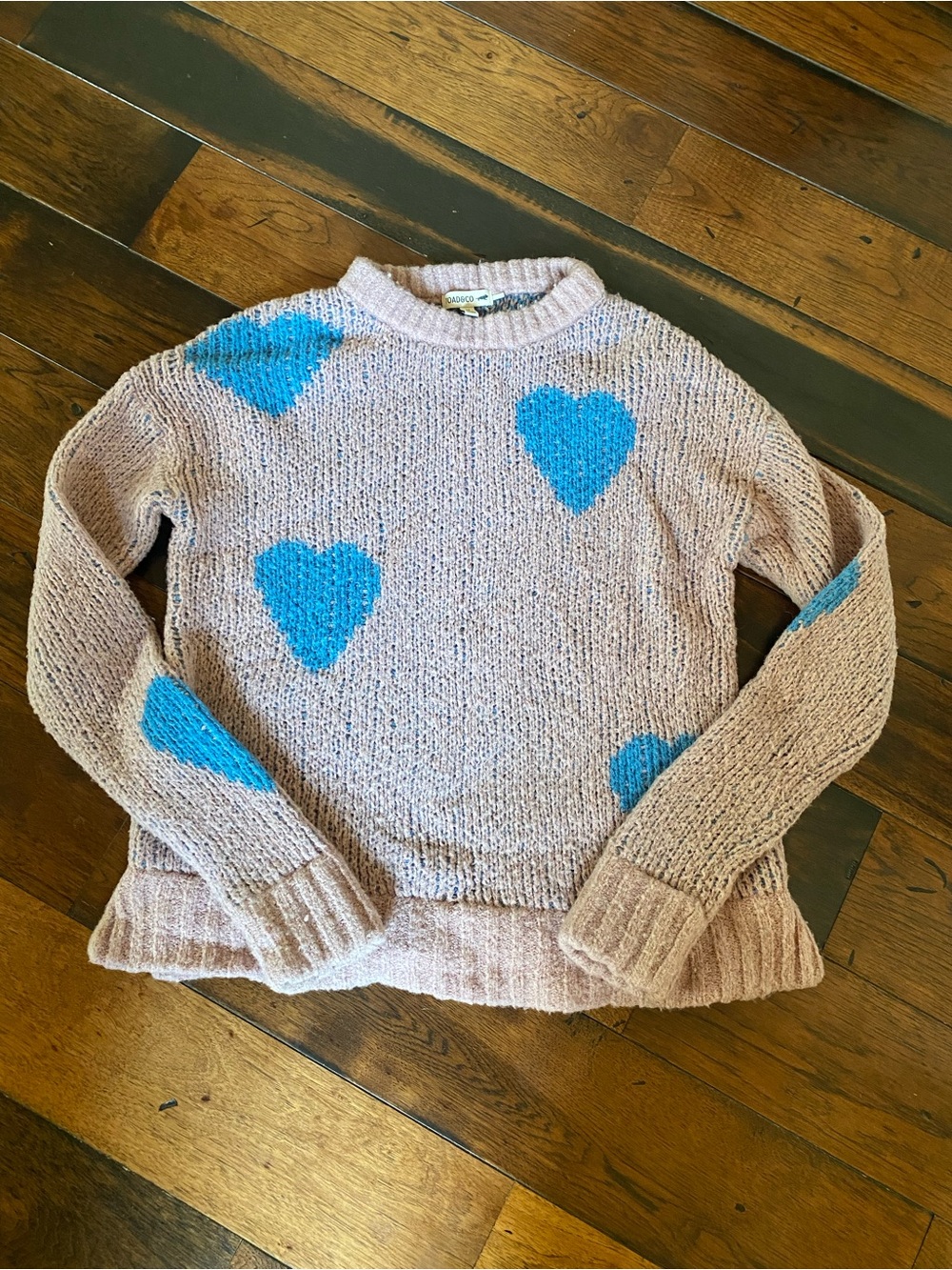 Toad & Co Women’s Pink Blue Heart Pattern Knit Crewneck Sweater Size M